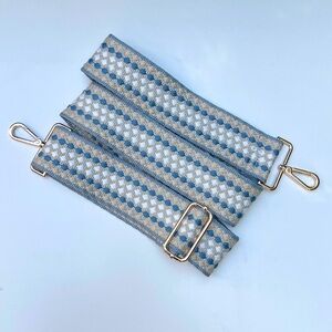 Polka Dot Blue & Cream Crossbody Guitar Purse Strap, Woven, Gold Hardware